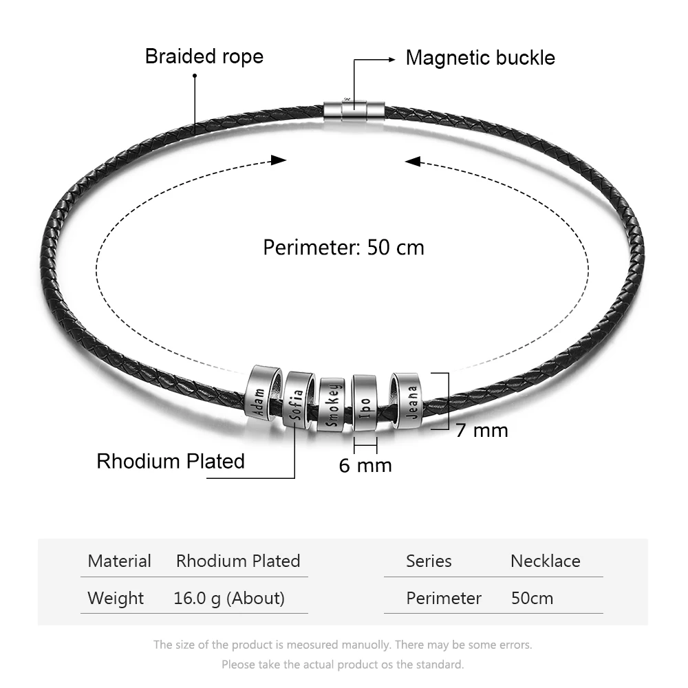 JewelOra Personalized Men Leather Necklaces with Beads Custom 2-5 Names Rope Chain Necklaces for Men Jewelry Gift for Boyfriend - Image 2