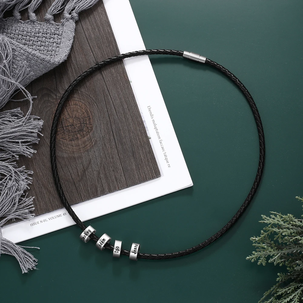 JewelOra Personalized Men Leather Necklaces with Beads Custom 2-5 Names Rope Chain Necklaces for Men Jewelry Gift for Boyfriend - Image 4