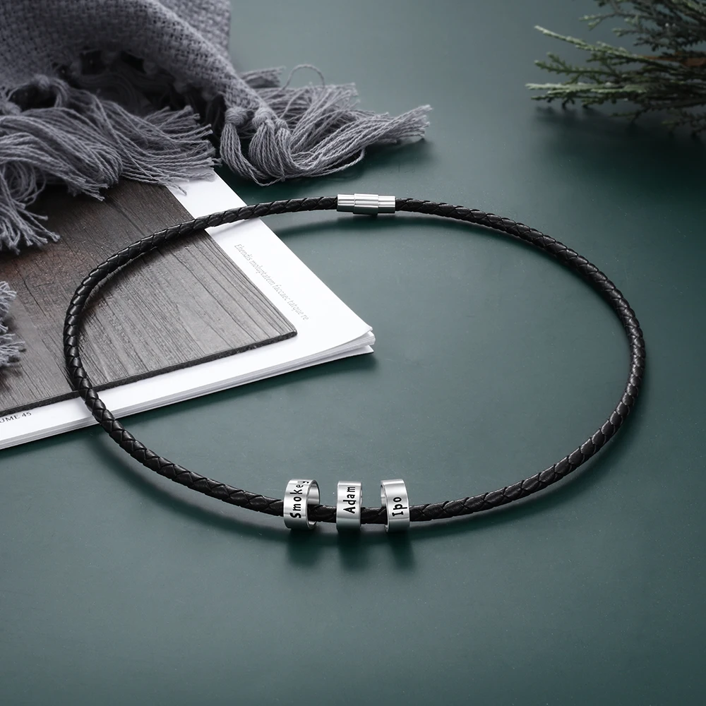 JewelOra Personalized Men Leather Necklaces with Beads Custom 2-5 Names Rope Chain Necklaces for Men Jewelry Gift for Boyfriend - Image 5