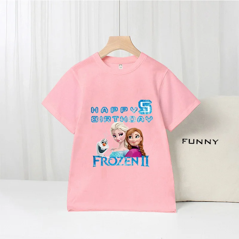 Frozen Number Short Sleeves Summer Round Neck T-shirt Baby Pink Casual Birthday Clothes Cute Pullover Shirt Cotton Child Comfort
