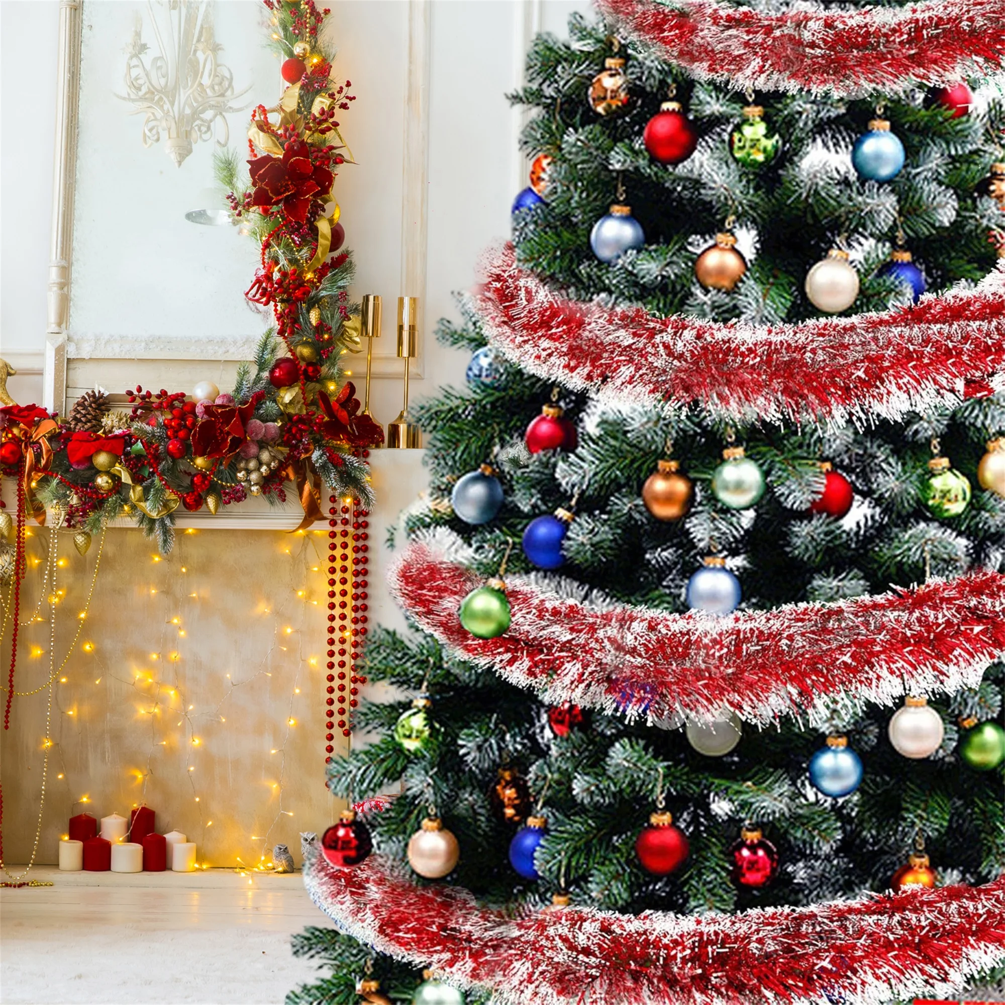 Shimmering Christmas Tinsel Garland with Glittering Ornaments for Festive Tree Decoration and Home Party Celebrations